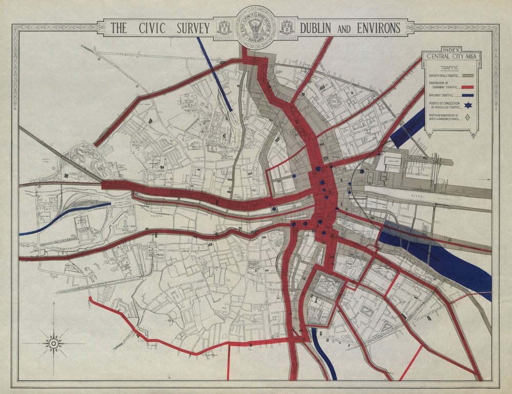 CENTRAL DUBLIN CIVIC SURVEY - Traffic. Road tramway railway congestion 1925 map