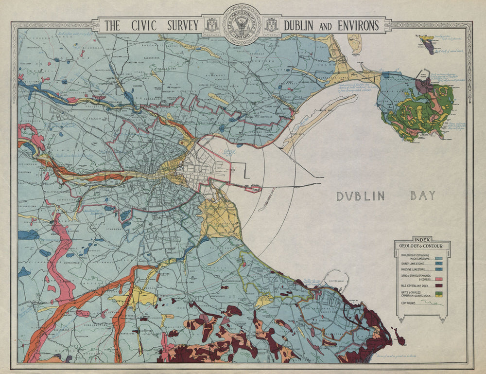 DUBLIN CIVIC SURVEY Geology & Contour. Limestone clay sand gravel rock 1925 map