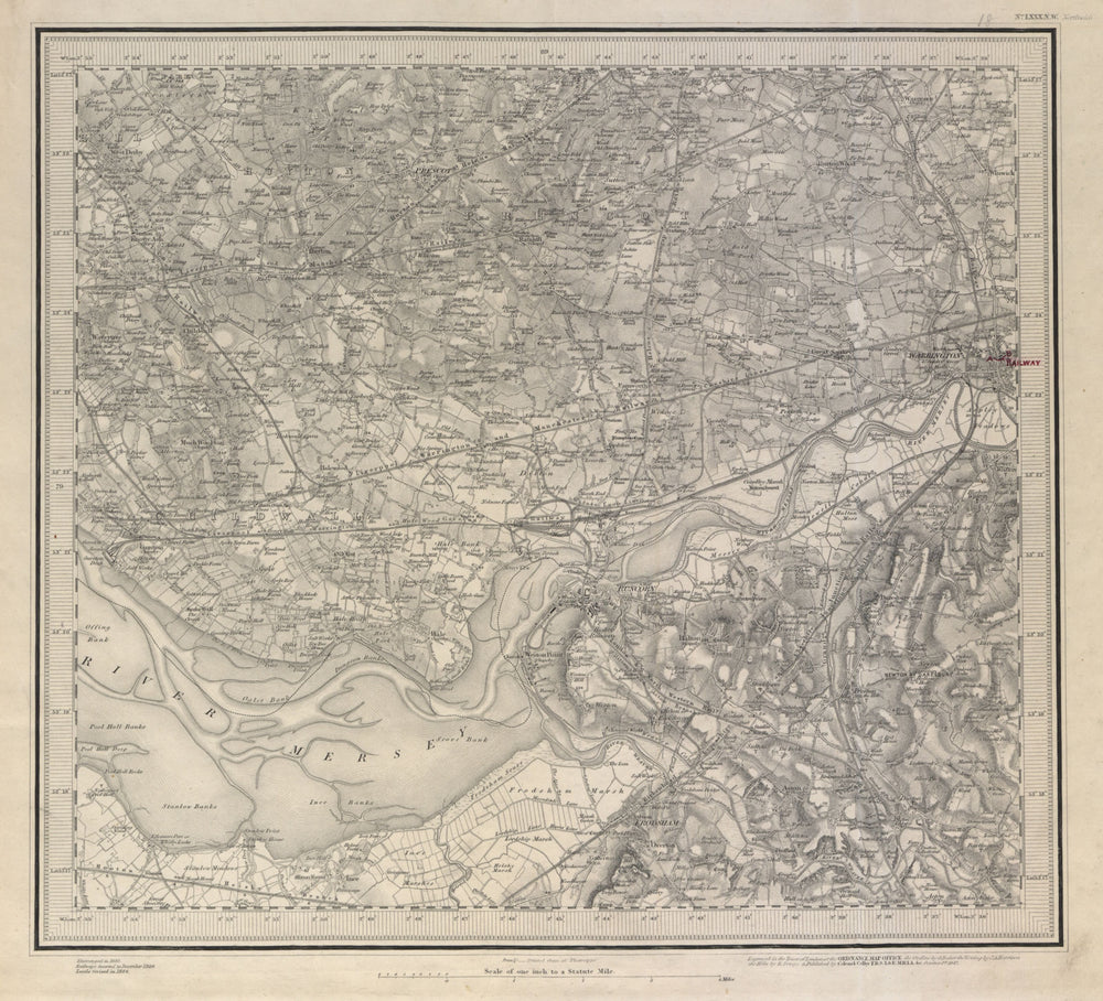 Warrington Runcorn Mersey Prescot Frodsham Widnes ORDNANCE SURVEY #80NW 1884 map