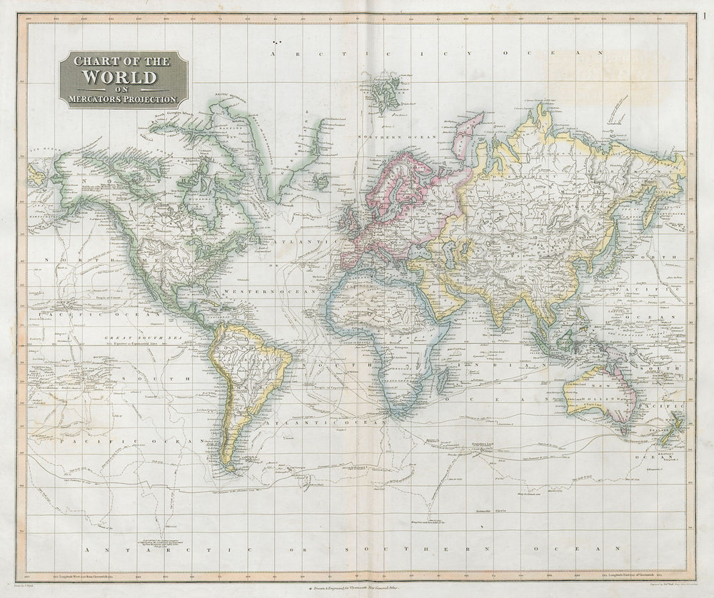 Chart of the World on Mercator's Projection. Explorers' routes. THOMSON 1830 map