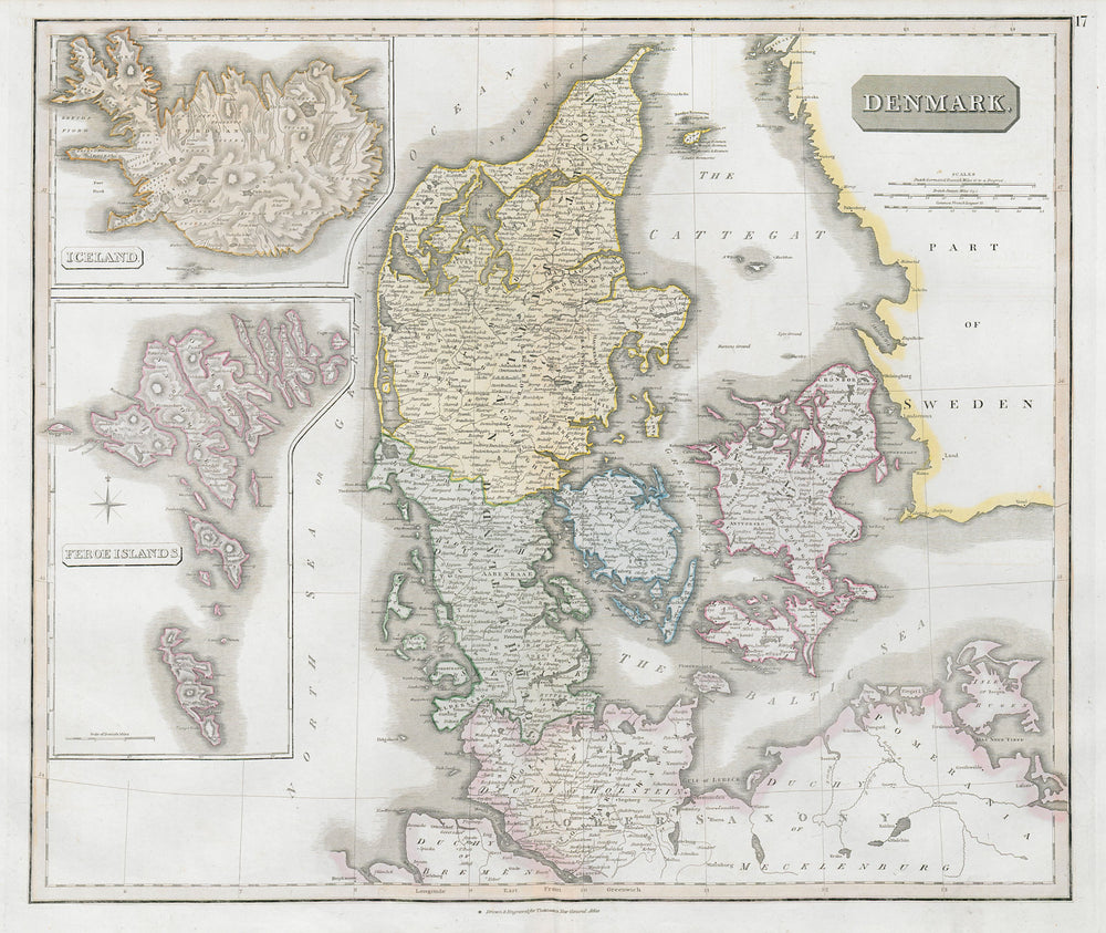 Denmark, Iceland & the Feroe (Faroe) islands by John Thomson 1830 old map