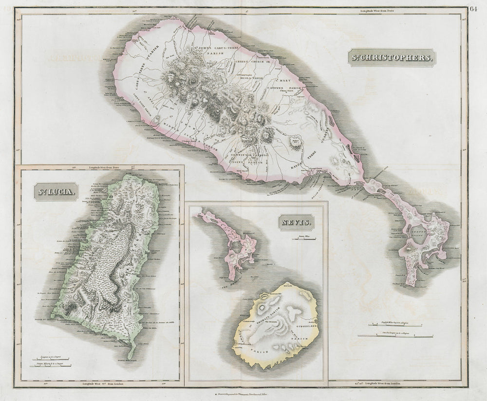 St Christophers, Nevis & St Lucia. St Kitts. West Indies. THOMSON 1830 old map