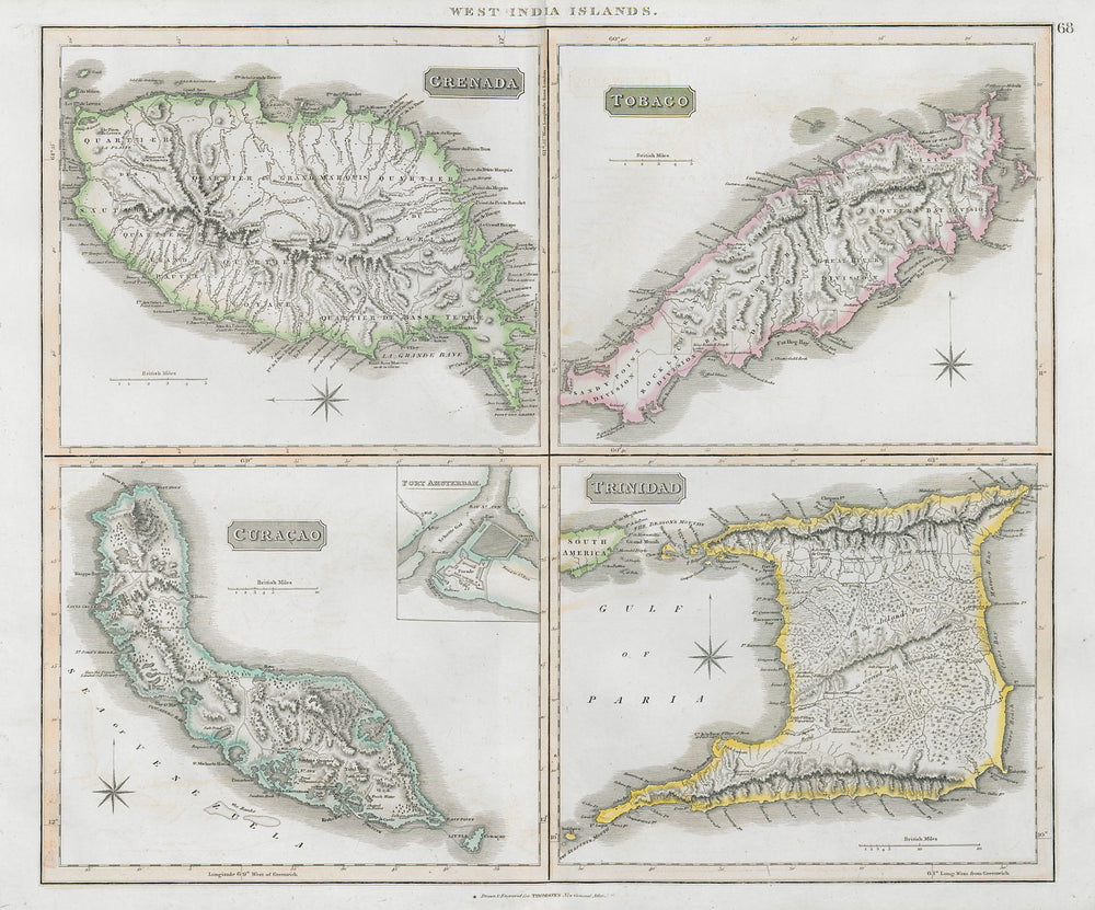 Grenada, Tobago, Trinidad & Curaçao. West Indies Caribbean. THOMSON 1830 map
