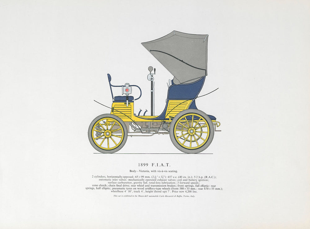 F.I.A.T. Phaeton (1899) motor car print by George Oliver. FIAT. Italy 1966