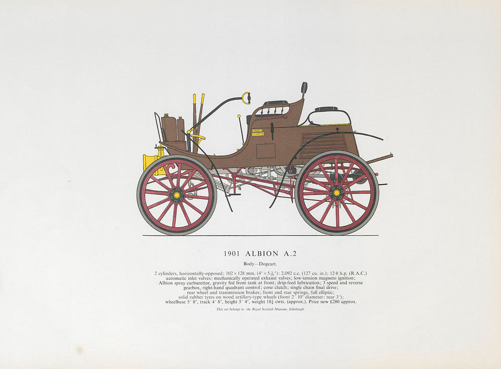 Albion A.2 dogcart (1901) motor car print by George Oliver. Scotland 1966