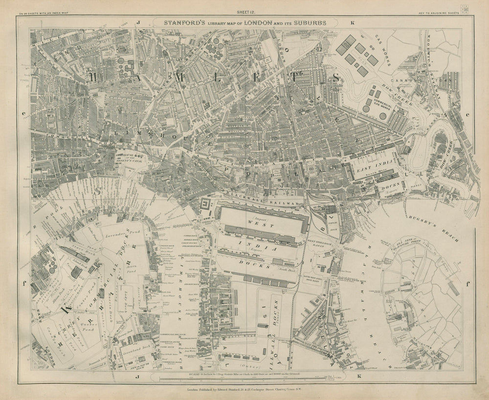 Stanford Library map of London Sheet 12 Tower Hamlets Limehouse Isle/Dogs 1895