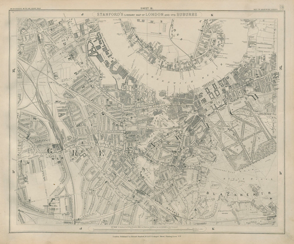 Stanford Library map of London Sheet 16 Deptford Greenwich Blackheath New X 1895