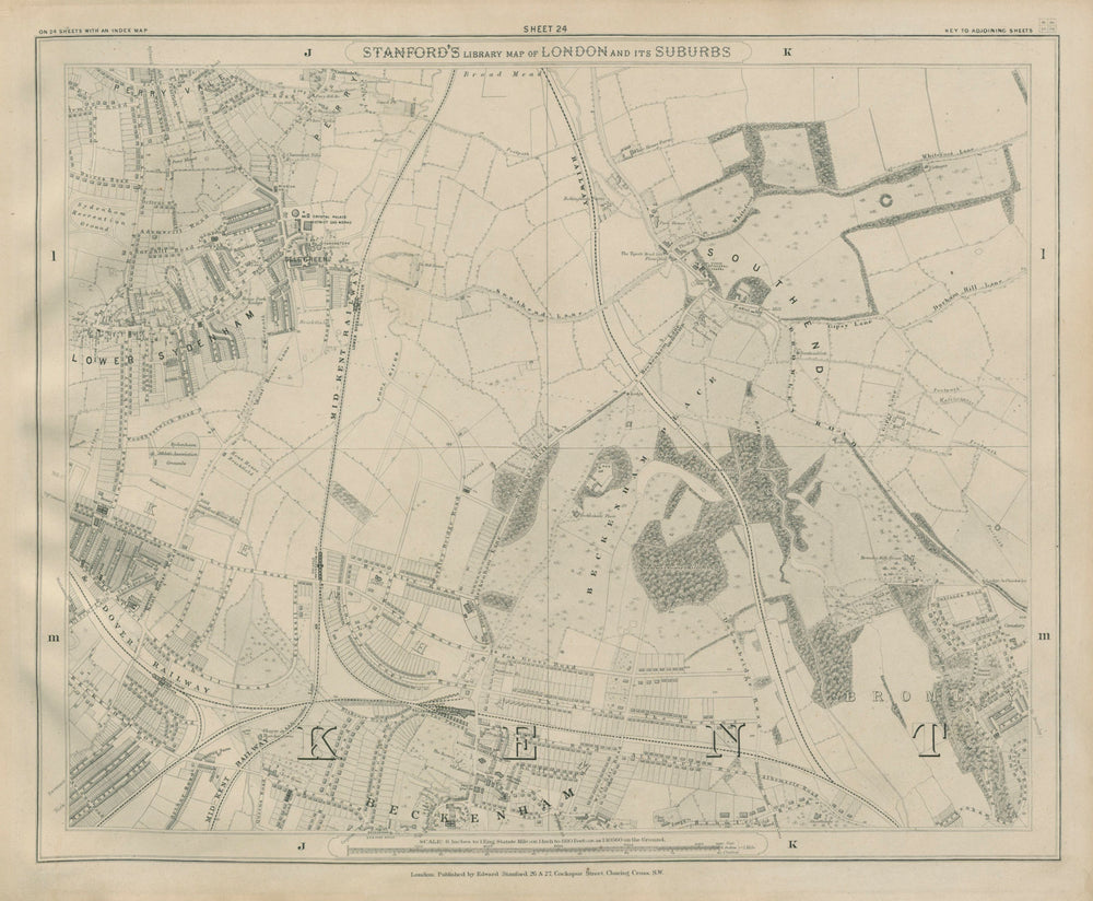 Stanford Library map of London Sheet 24 Beckenham Sydenham Bromley Southend 1895