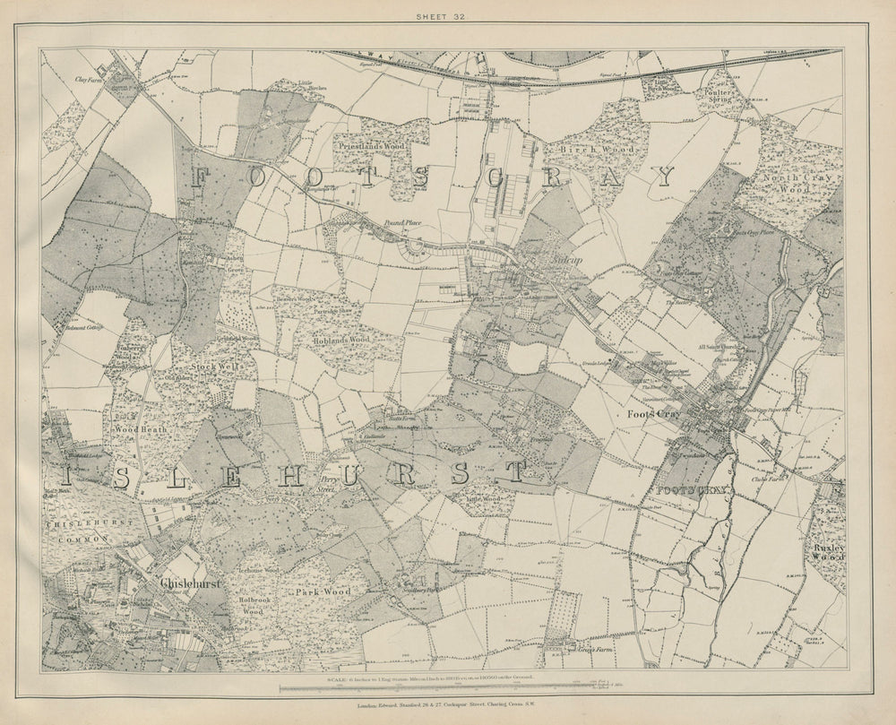 Stanford Library map of London Sheet 32 Chislehurst Foots Cray Sidcup 1895