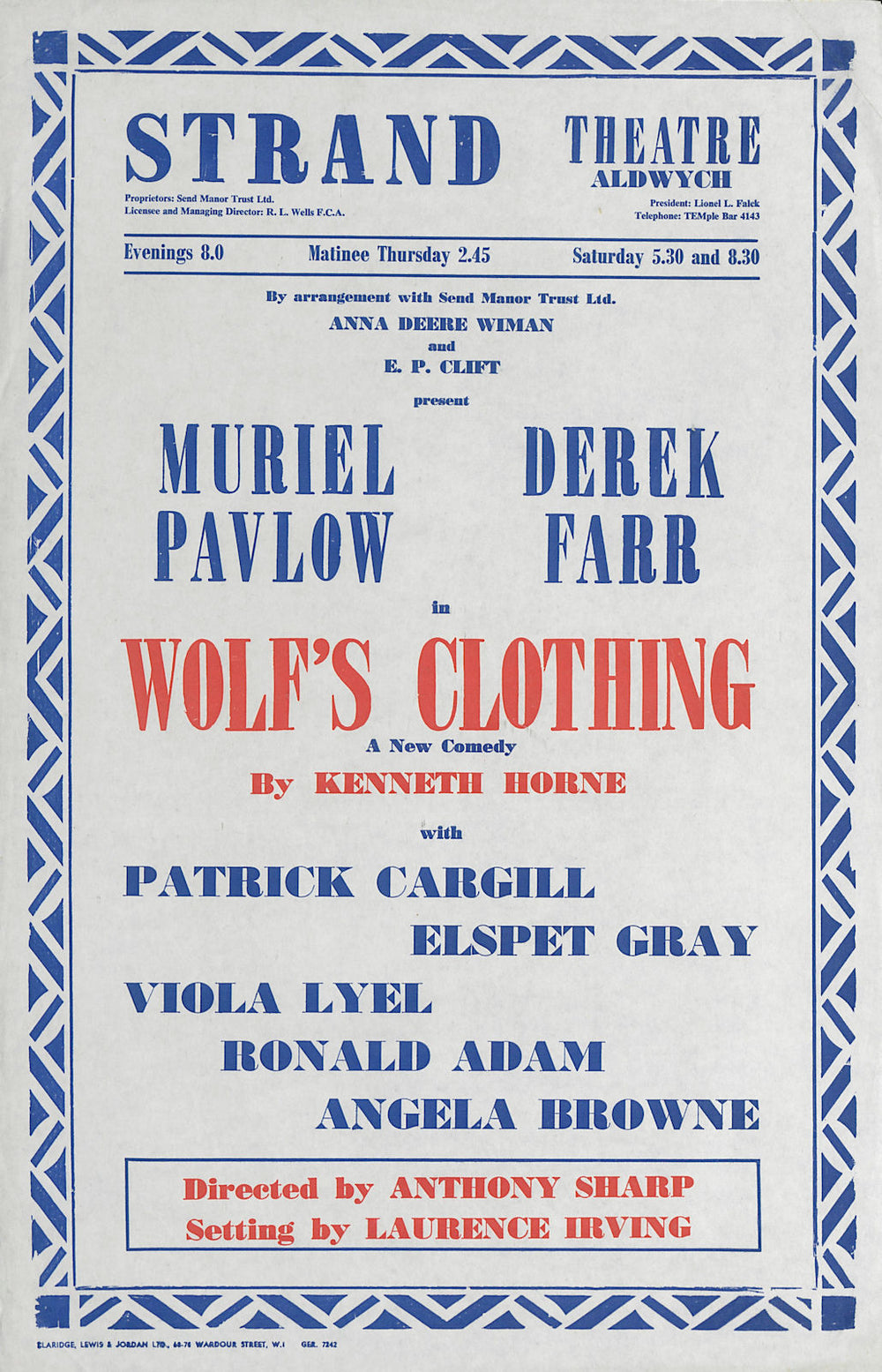 Strand Theatre. Wolf's Clothing. Kenneth Horne. Muriel Pavlow, Derek Farr 1959