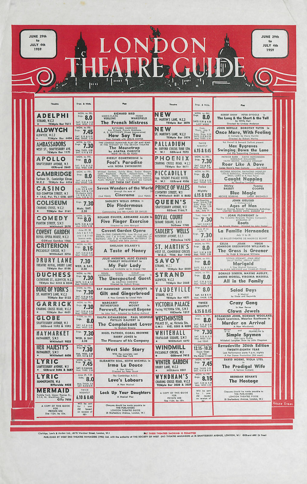 London West End Theatre Guide Jun 29-Jul 4th 1959. Marketing poster 1959 print