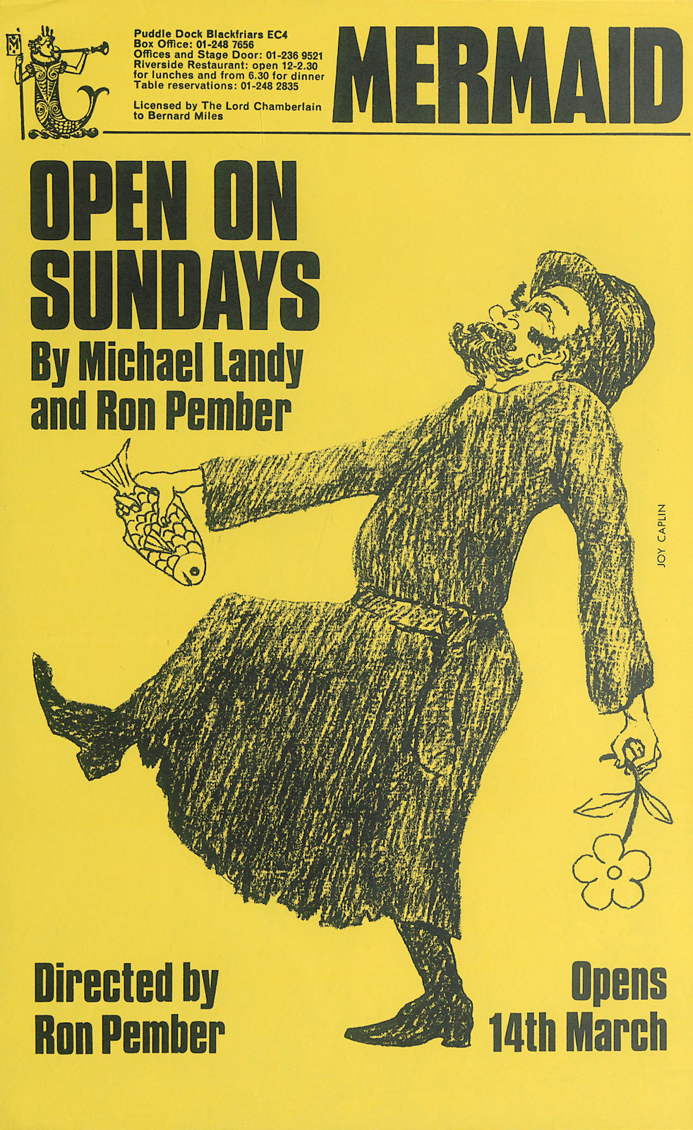 Mermaid Theatre. Open on Sundays. Michael Landy, Ron Pember. Poster 1968 print