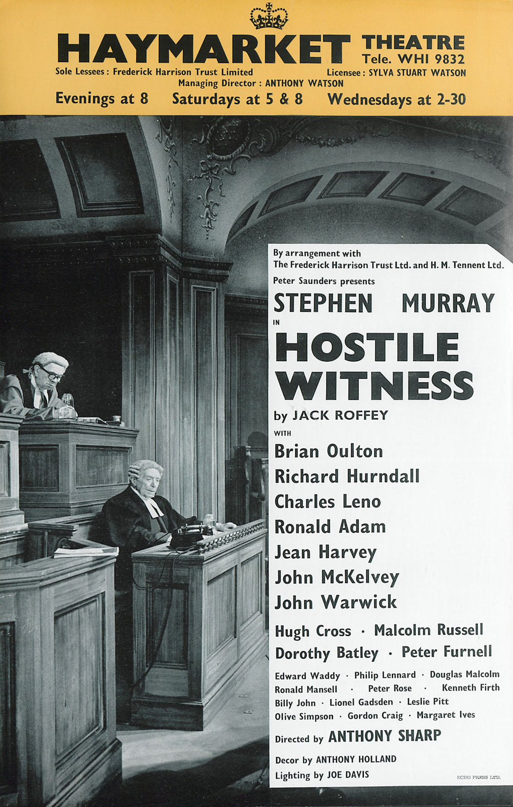 Haymarket Theatre. Hostile Witness Jack Roffey Anthony Sharp Stephen Murray 1964
