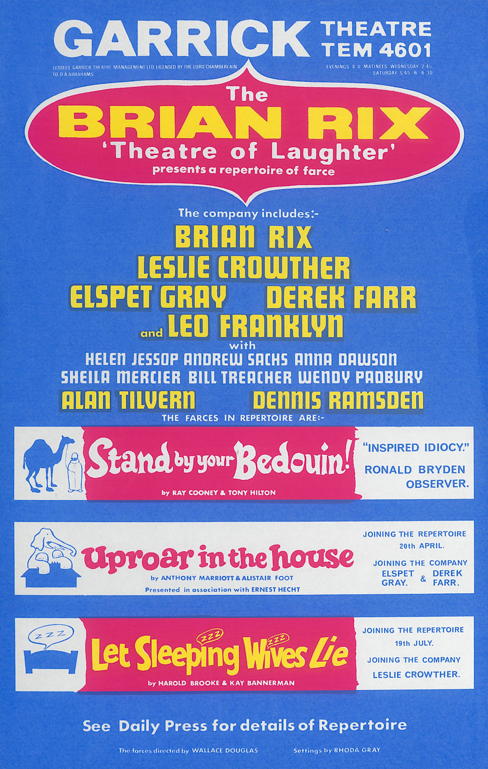 Garrick. Brian Rix Theatre of Laughter. Leslie Crowther. Bedouin &c. Poster 1967