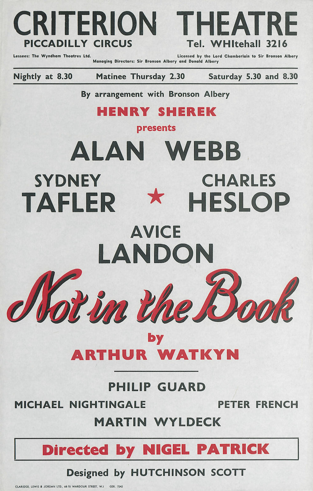 Criterion Theatre. Not in the Book. Arthur Watkyn. Alan Webb, Sydney Tafler 1958