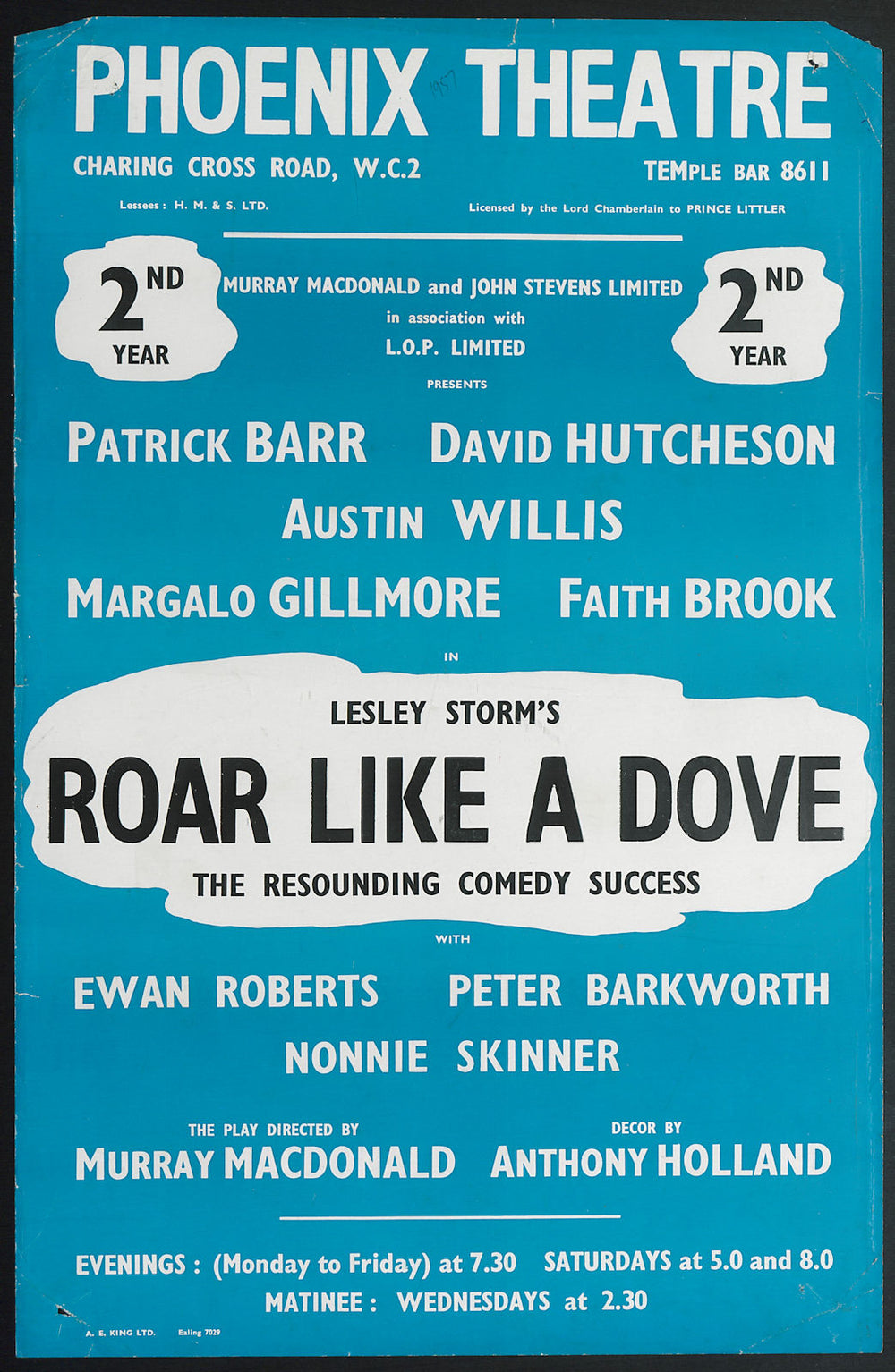 Phoenix Theatre. Roar like a Dove. Barr Hutcheson Willis Gillmore Macdonald 1957