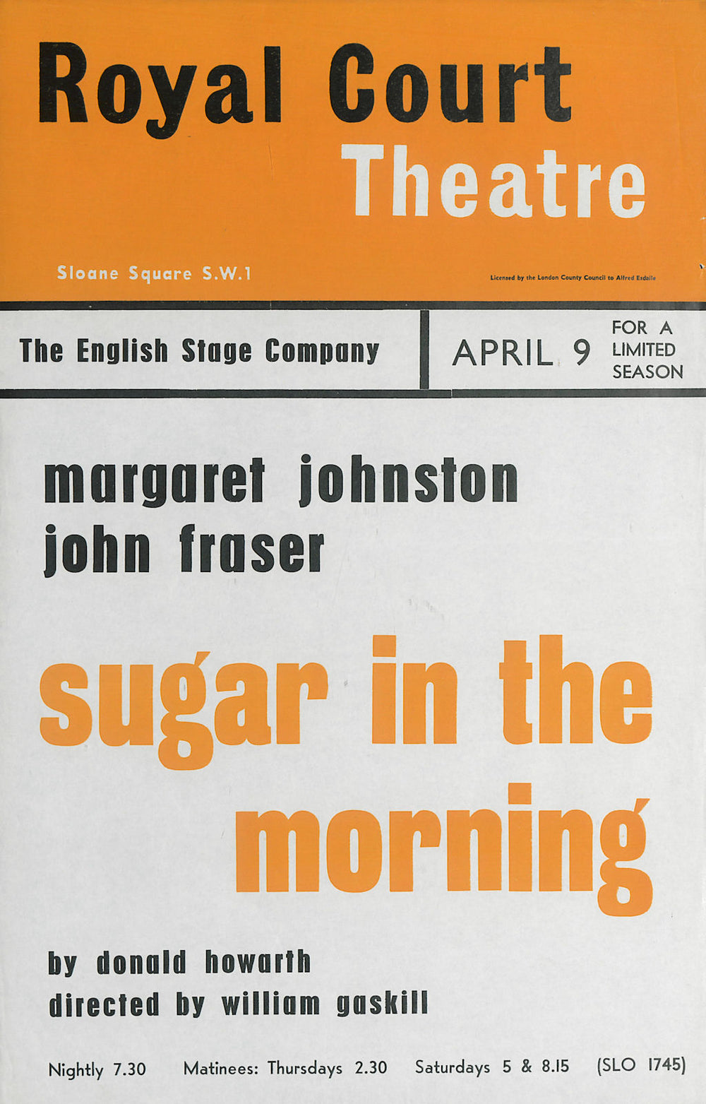 Royal Court Theatre. Sugar in the Morning. Howarth. John Fraser. Gaskill 1959