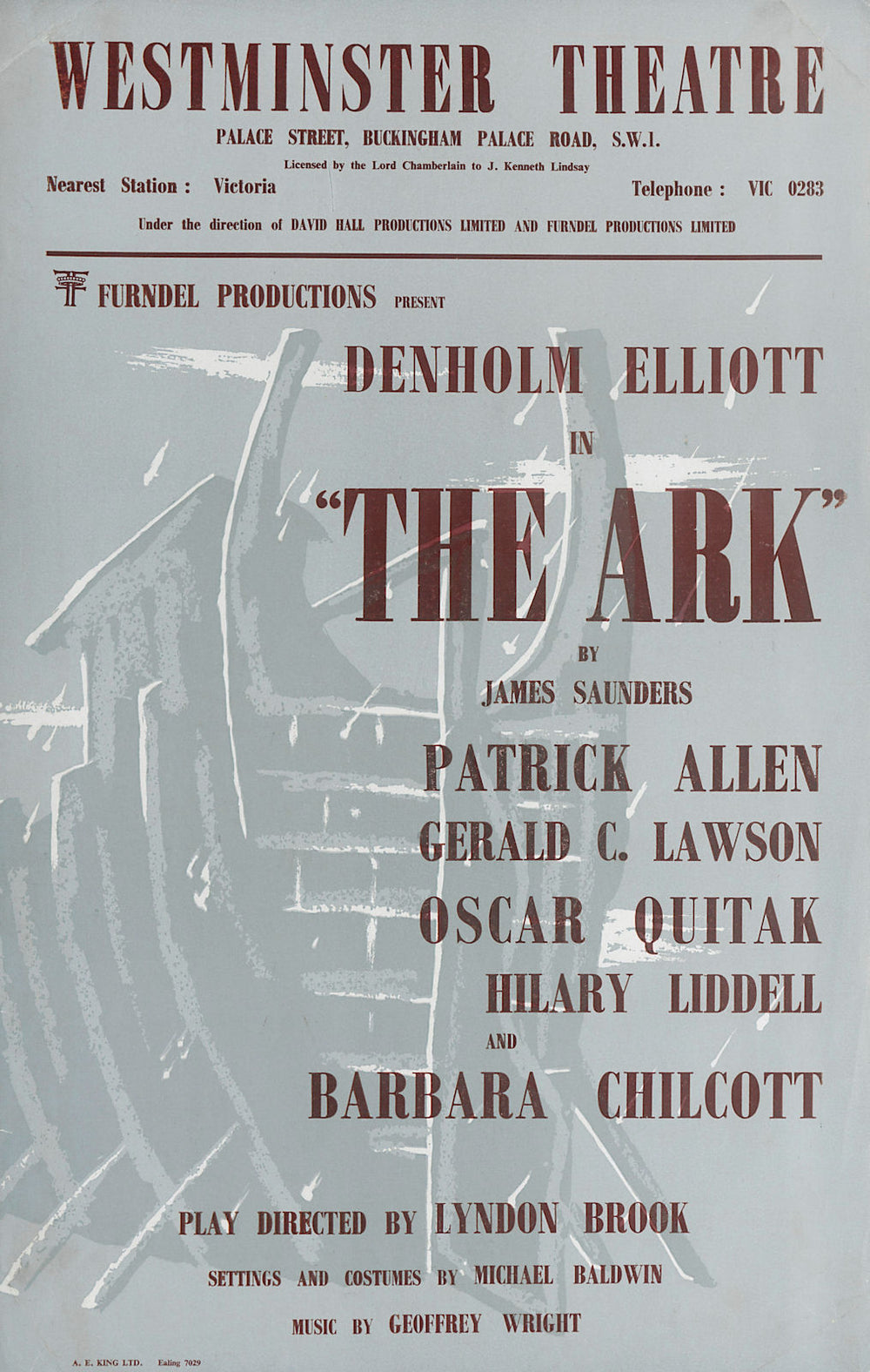 Westminster Theatre. The Ark. James Saunders. Denholm Elliott. Lyndon Brook 1959