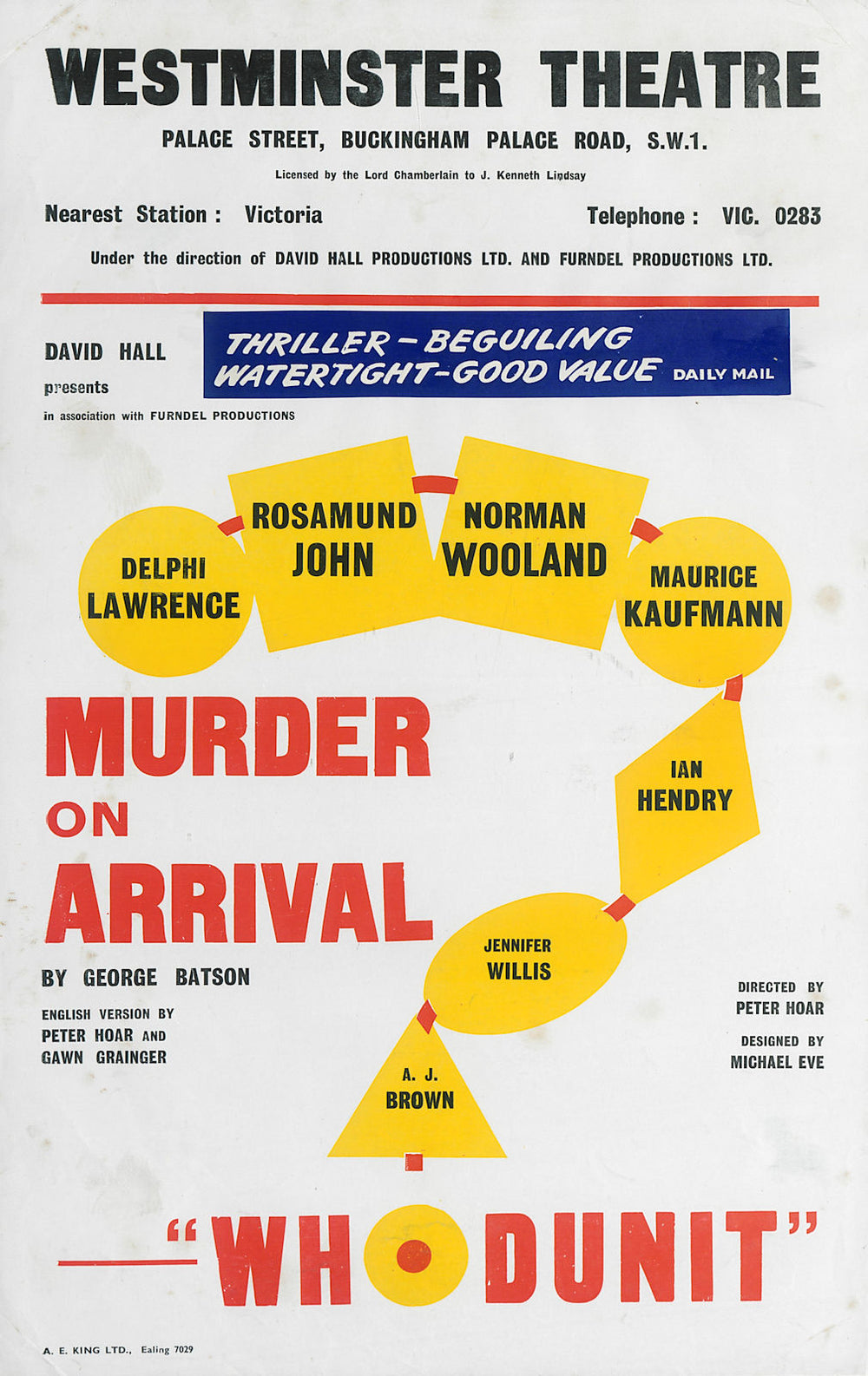 Westminster Theatre. Murder on Arrival. George Batson. Rosamund John. Hoar 1959