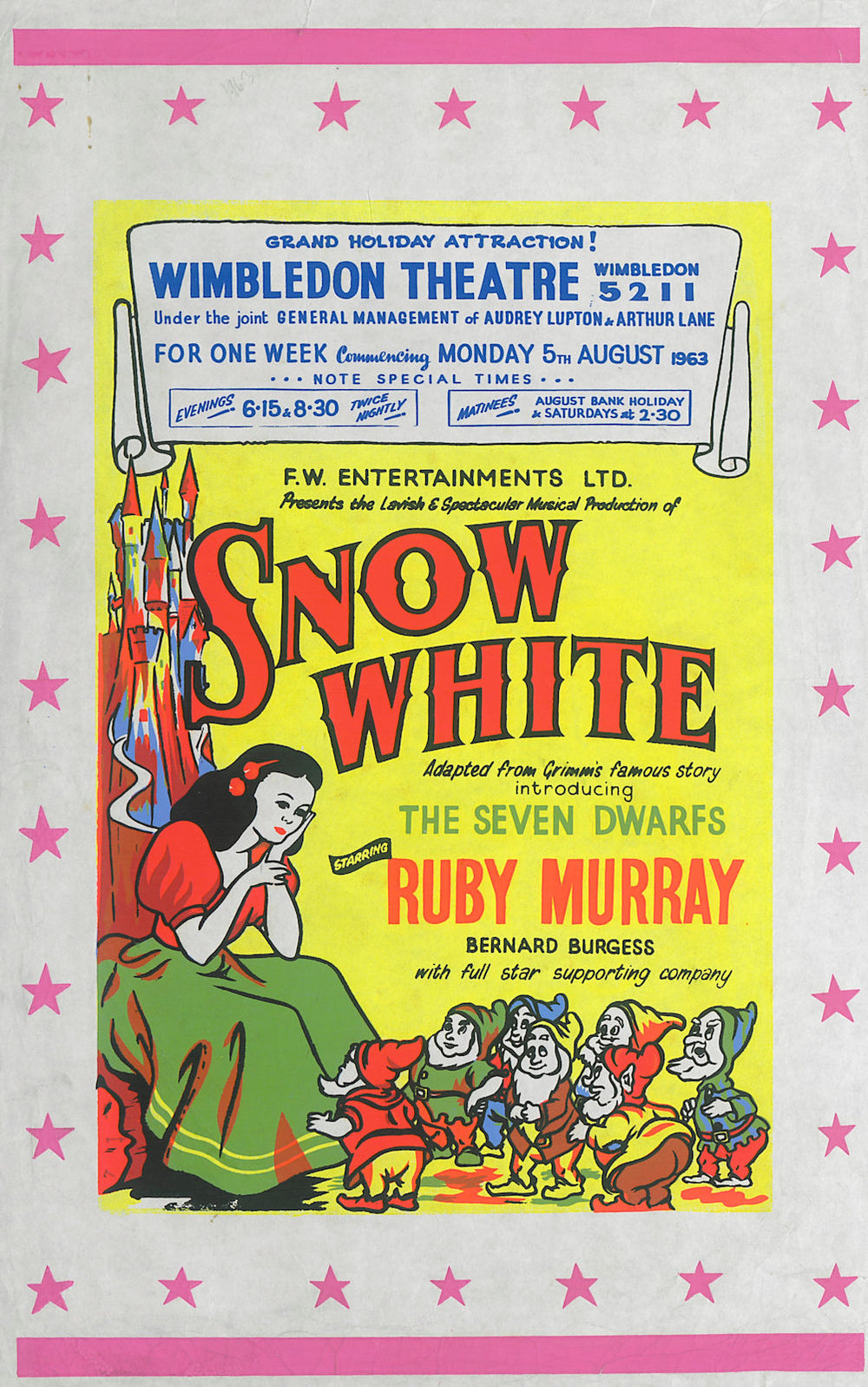 Wimbledon Theatre. Snow White. Musical poster. Ruby Murray, Bernard Burgess 1963