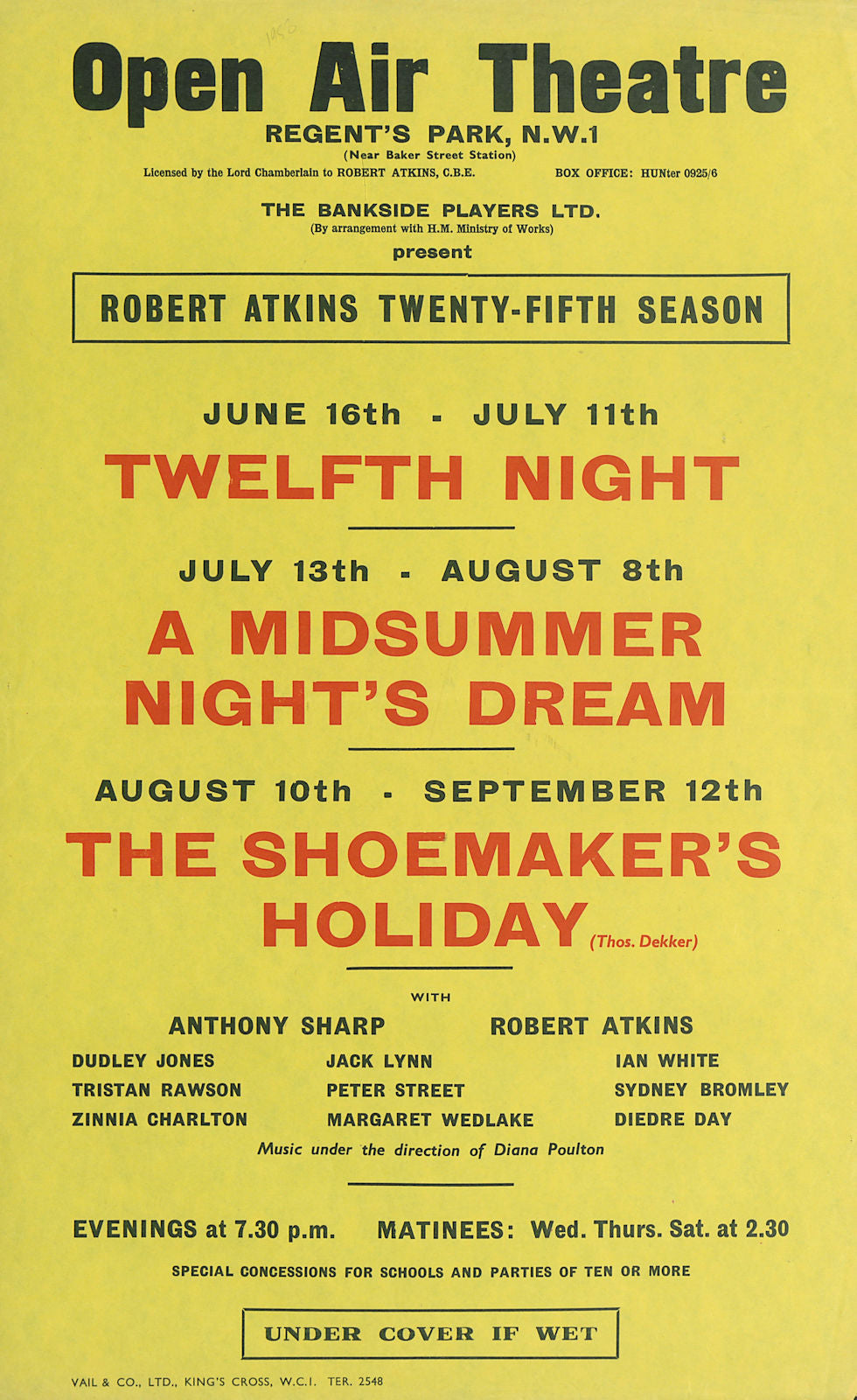 Regent's Park Open Air Theatre. Twelfth Night. A Midsummer Night's Dream 1958