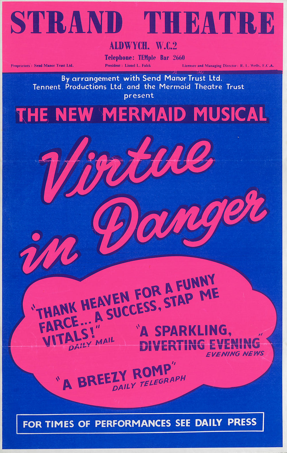 Strand Theatre, Aldwych - Virtue in Danger. Musical. Advertising poster 1963