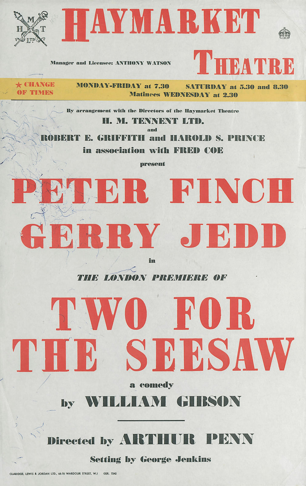 Haymarket Theatre. Two For The Seesaw. William Gibson. Peter Finch. Jedd 1958