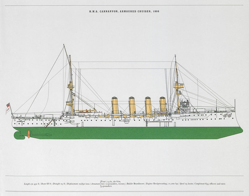 H.M.S. Carnarvon, Armoured Cruiser, 1904. Royal Navy warship. HOLBROOK 1971