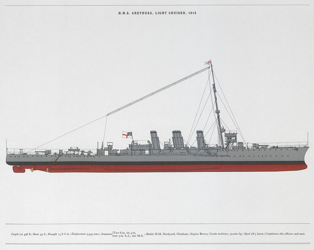 H.M.S. Arethusa, Light Cruiser, 1914. Royal Navy warship. MARTIN HOLBROOK 1971