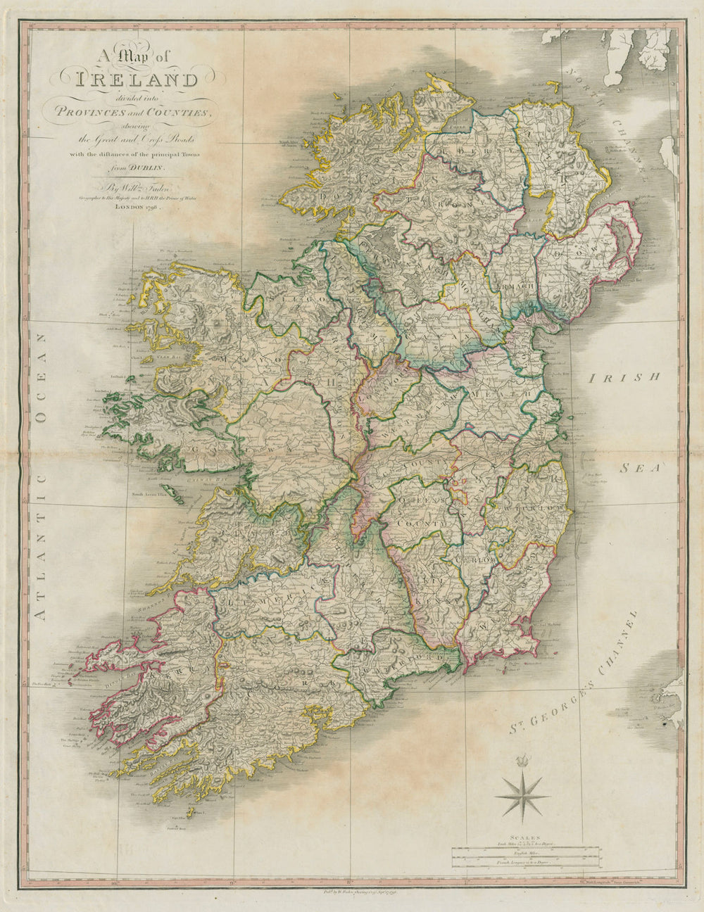 Ireland divided into Provinces and Counties… Great & Cross roads. FADEN 1798 map