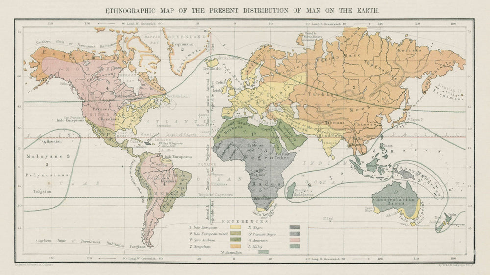 Ethnographic map of the distribution of man on Earth. Ethnicity. World 1856