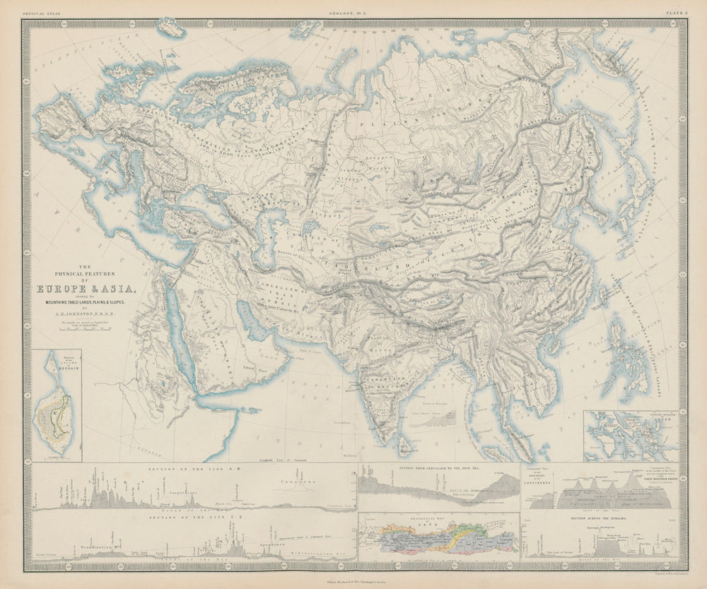The Physical Features of Europe and Asia. Mountains. Rivers. Sections 1856 map