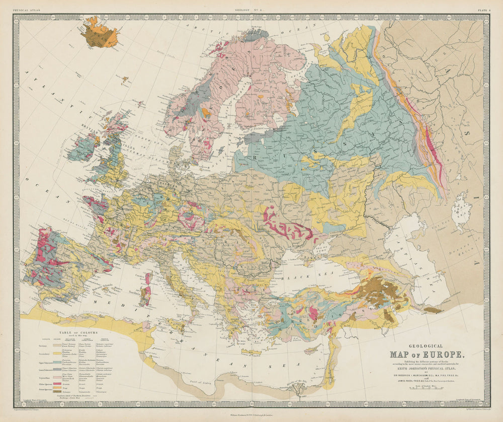 Geological Map of Europe. JOHNSTON 1856 old antique vintage plan chart