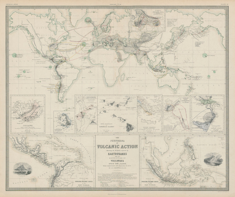 The Phenomena of Volcanic Action. World volcano & earthquake regions 1856 map