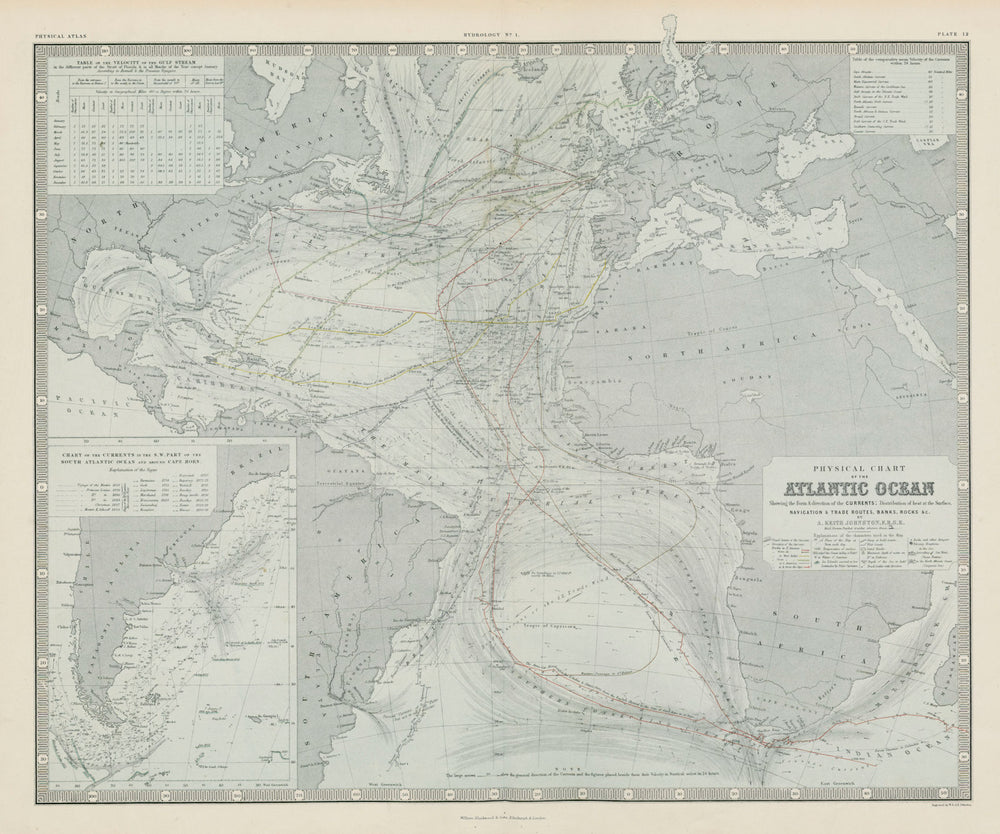 Atlantic Ocean Physical Chart. Currents. Important voyages Trade routes 1856 map