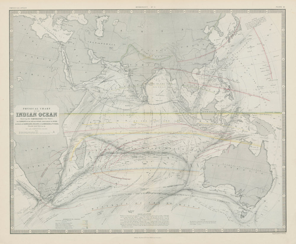 Indian Ocean physical chart. Hurricane Typhoon tracks. Currents 1856 old map