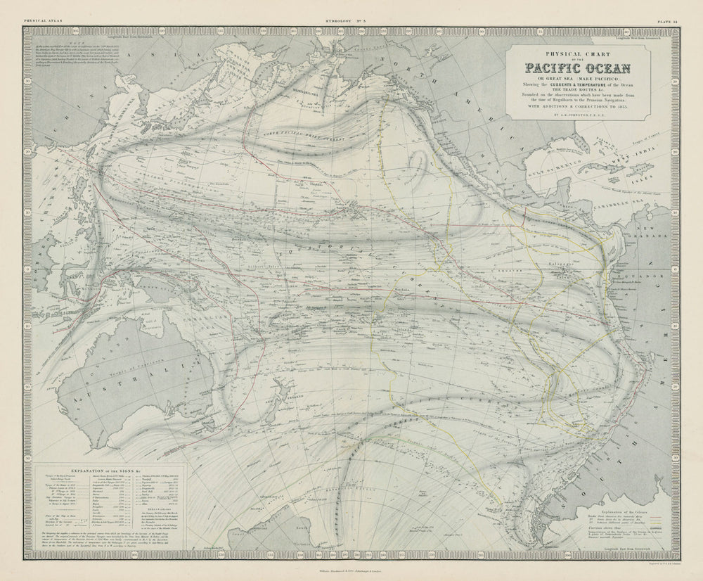 Pacific Ocean physical chart. Currents. Trade routes. JOHNSTON 1856 old map