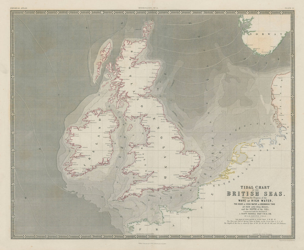 Tidal Chart of the British Seas. High water wave & time. JOHNSTON 1856 old map