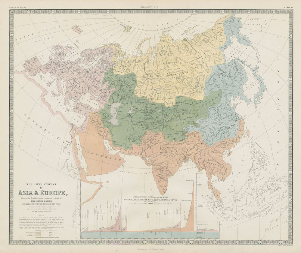 Asia & Europe river systems. Watersheds drainage basins. JOHNSTON 1856 old map