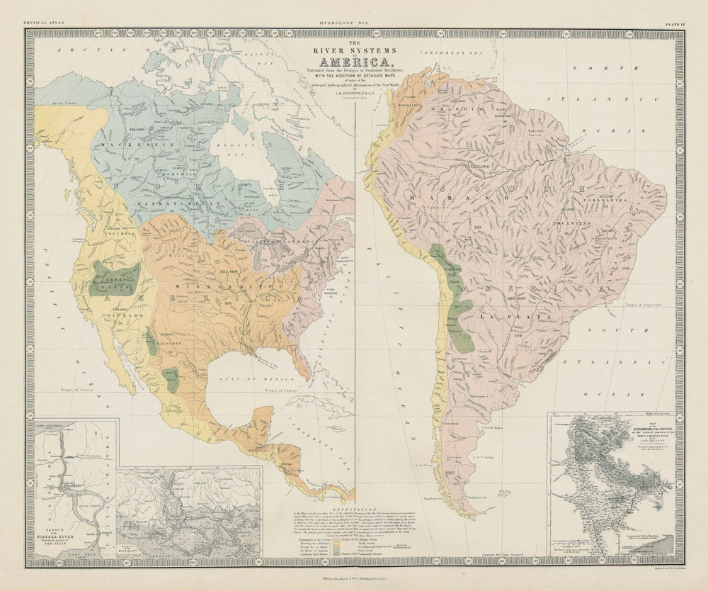 North & South America river systems. Watersheds drainage basins 1856 old map