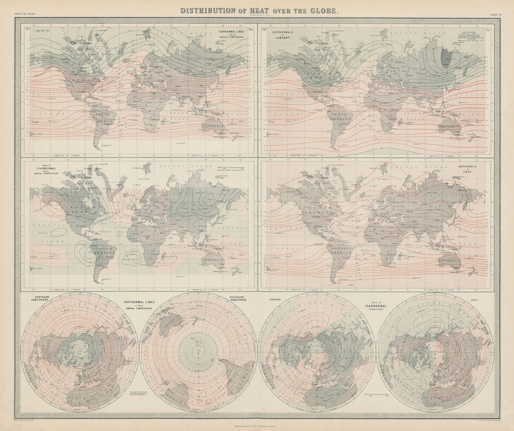 Distribution of Heat over the Globe. Isothermals Isabnormals. JOHNSTON 1856 map