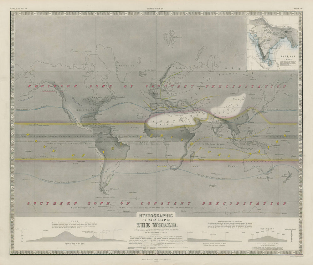 Hyetographic or rain map of the world. Monsoon zones. JOHNSTON 1856 old