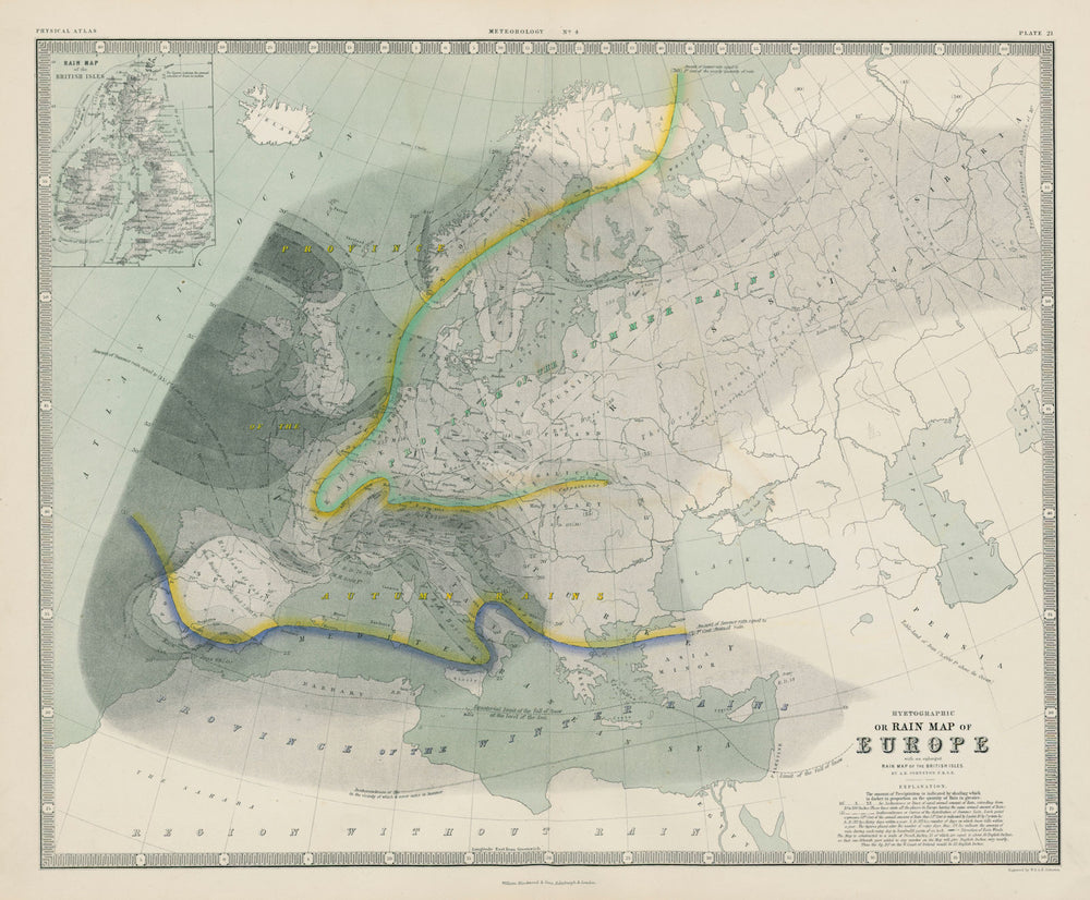 Hyetographic or rain map of Europe. JOHNSTON 1856 old antique plan chart