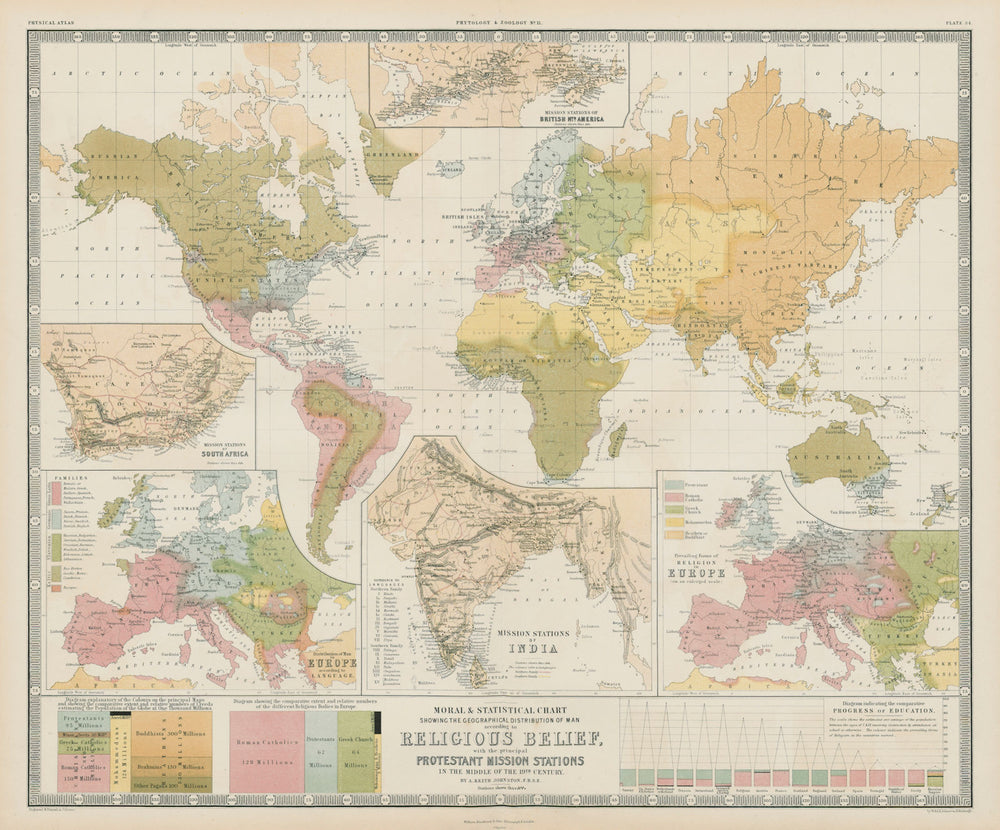 World Religions. Protestant Mission Stations South Africa Canada India 1856 map
