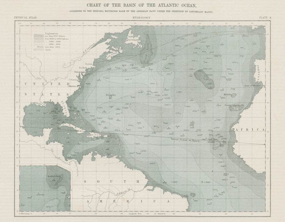 Chart of the Basin of the Atlantic Ocean. Depths soundings. JOHNSTON 1856 map