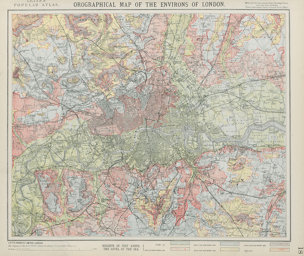 Orographical map of the Environs of London. Relief elevation. LETTS 1884