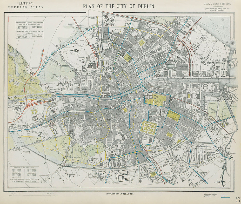 DUBLIN antique town city map plan. Railways tram routes stations. LETTS 1884