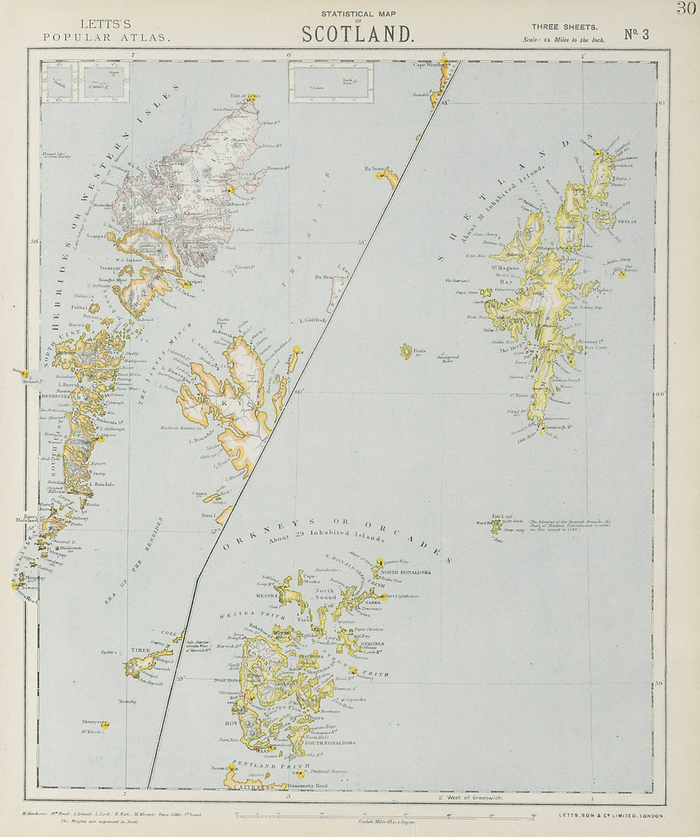 SCOTLAND ISLANDS. Western Isles. Orkneys, Shetlands & Hebrides. LETTS 1884 map