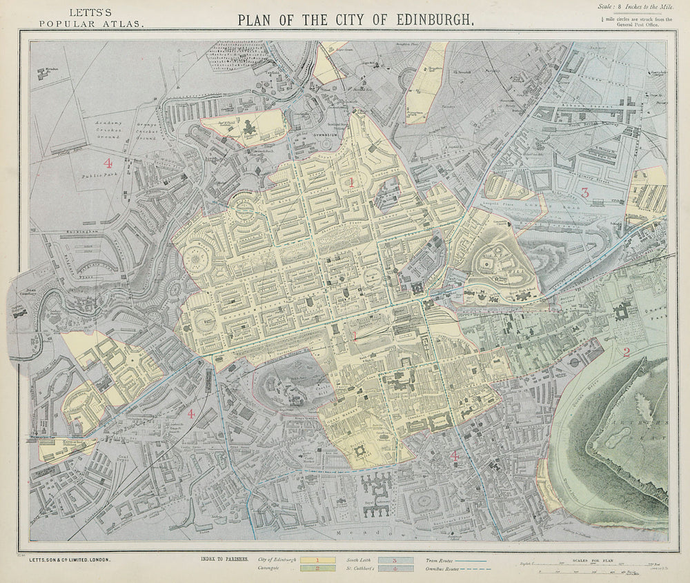 EDINBURGH antique town city map plan showing parishes. LETTS 1884 old