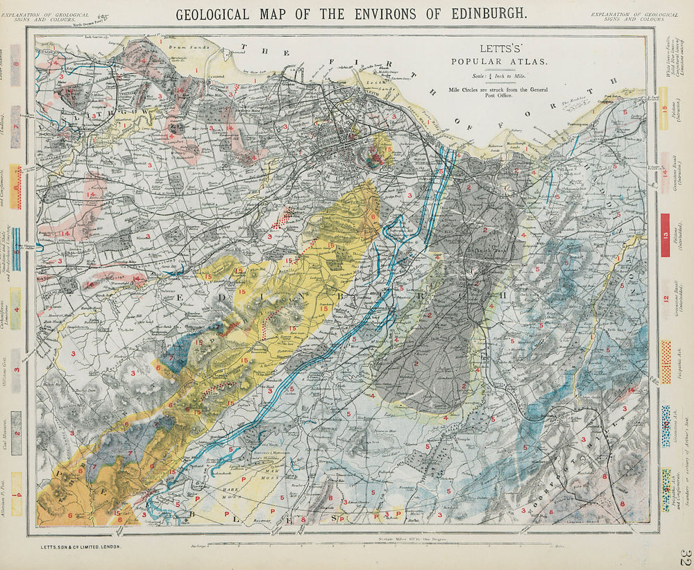 Geological map of the Environs of Edinburgh. Scotland. LETTS 1884 old